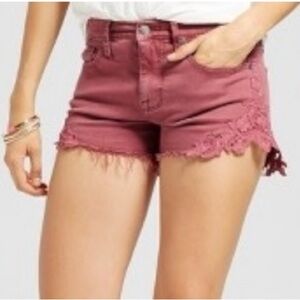 Mossimo High Rise Cutout Floral Lace Denim Mini Shorts Stretchy Maroon Size 8/29